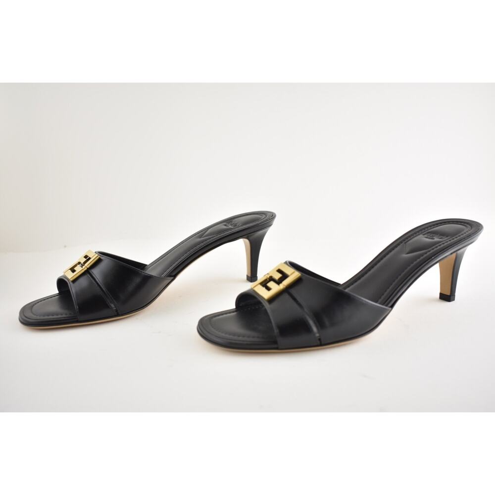 Fendi Fold Slide Black Leather Gold FF Logo Mule Kitten Heel Pump Sandals 37.5 - Picture 16 of 16